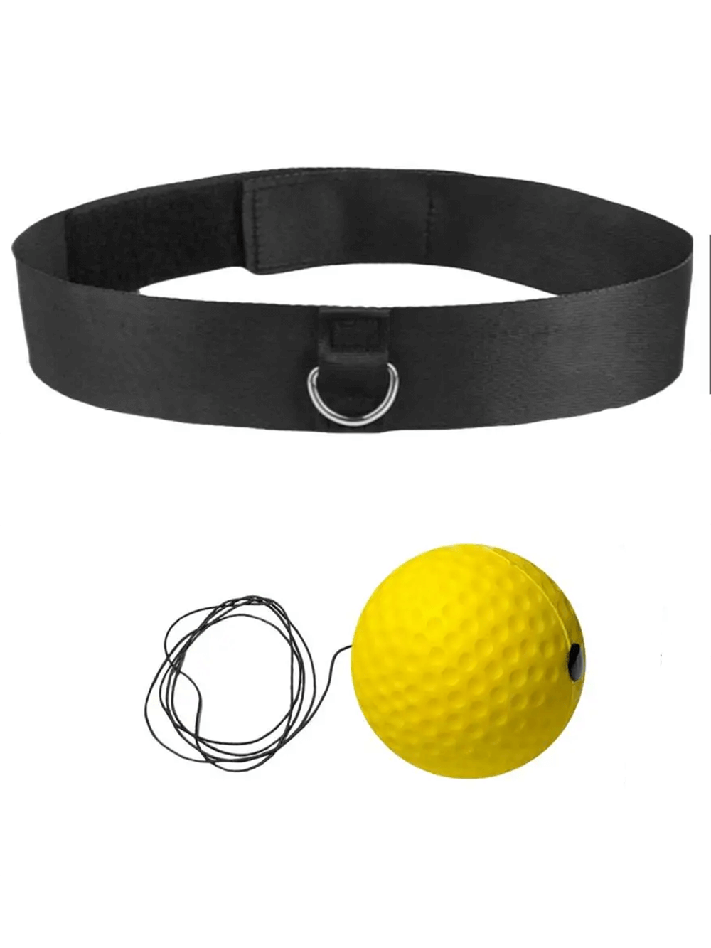 Yellow PU boxing reflex ball with black elastic headband for MMA and fitness training, enhances hand-eye coordination and reflexes.